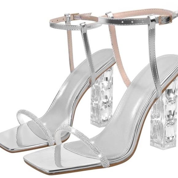 🆕Transparent Crystal High Heels Leather Rhinestone Strappy Open Evening Shoe - Picture 2 of 6